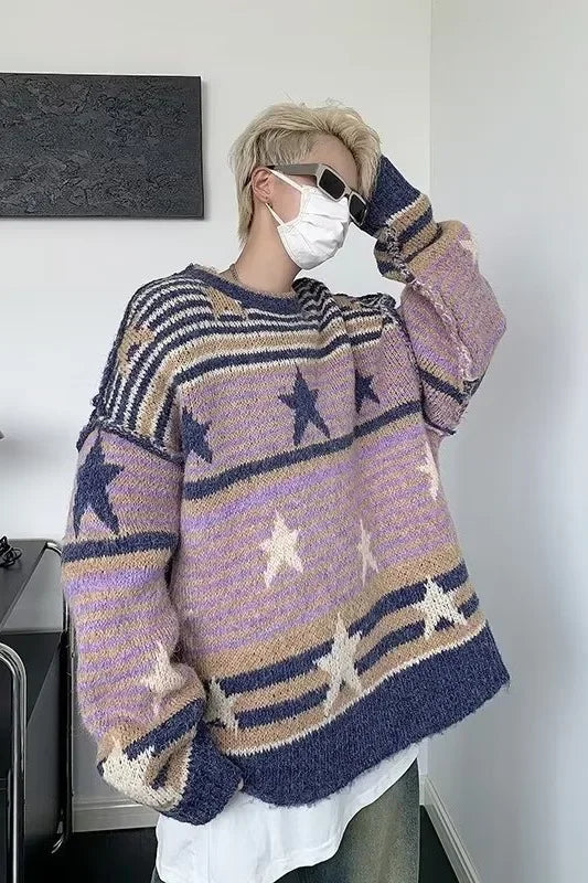 saferido Y2K Star Sweater Men Harajuku Striped Knitted Pullovers Jumpers Male Tops Oversize Purple Winter Streetwear Hip Hop