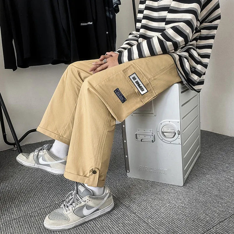 saferido Spring Autumn Casual Print Patchwork Cotton Wide Leg Pants Man Loose Y2k Pocket Hip Hop Cargo Straight Male Trousers Streetwear