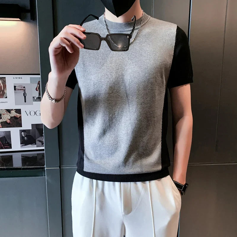 saferido Spring Autumn Men Cashmere Short Sleeve Sweaters Male Casual O-Neck Solid Color Chic Knitted Pullovers Tops 3XL-M
