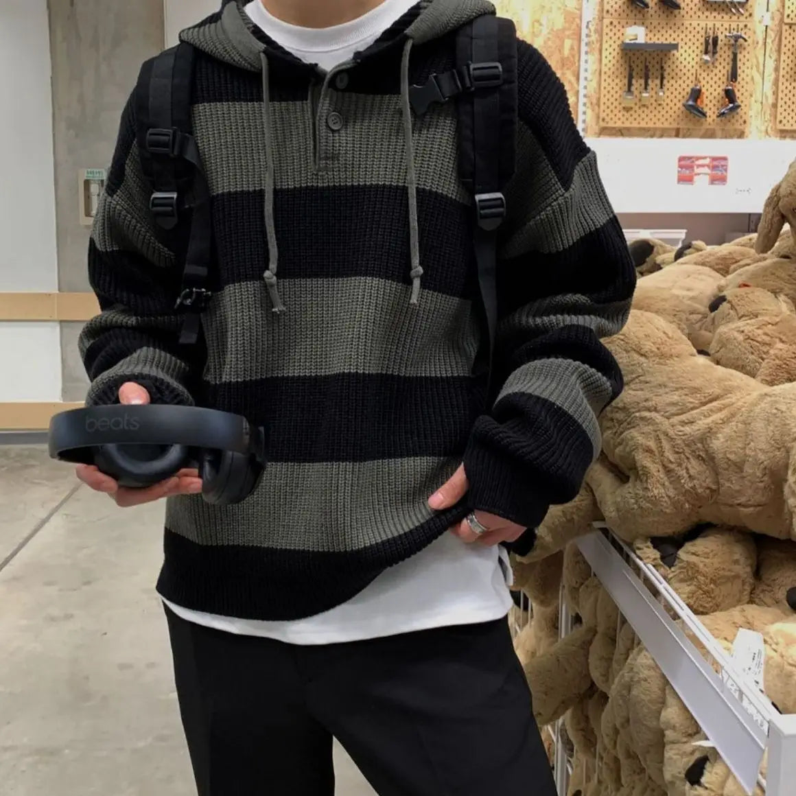 saferido Striped Sweater Men's Hoodies Autumn Winter Vintage Korean Knitwear Top Stripe Splicing Loose Knitted Sweater Pullover Jumper