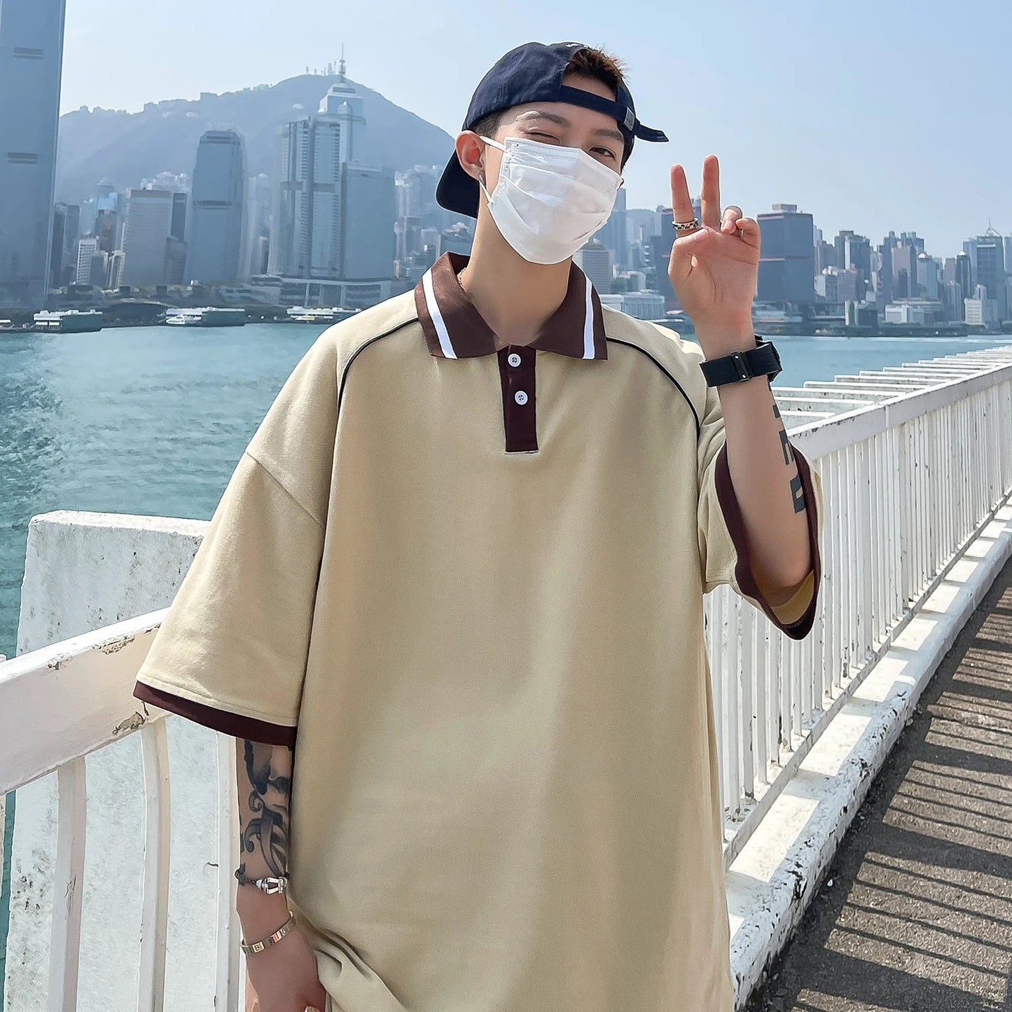 saferido Korean Style Man Polo Shirt Fashion Oversized Patchwork Short Sleeve Turndown Men's Shirts Fashion Streetwear Polos for Men