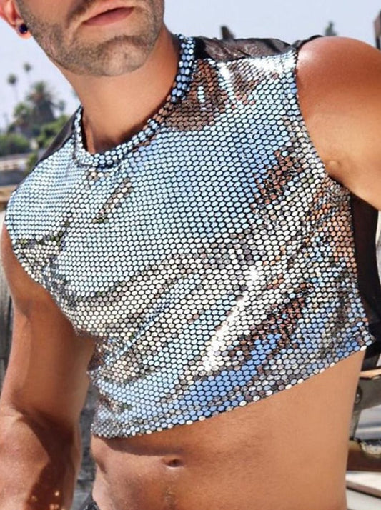 Mens Bright Silver Back Mesh Crop Top
