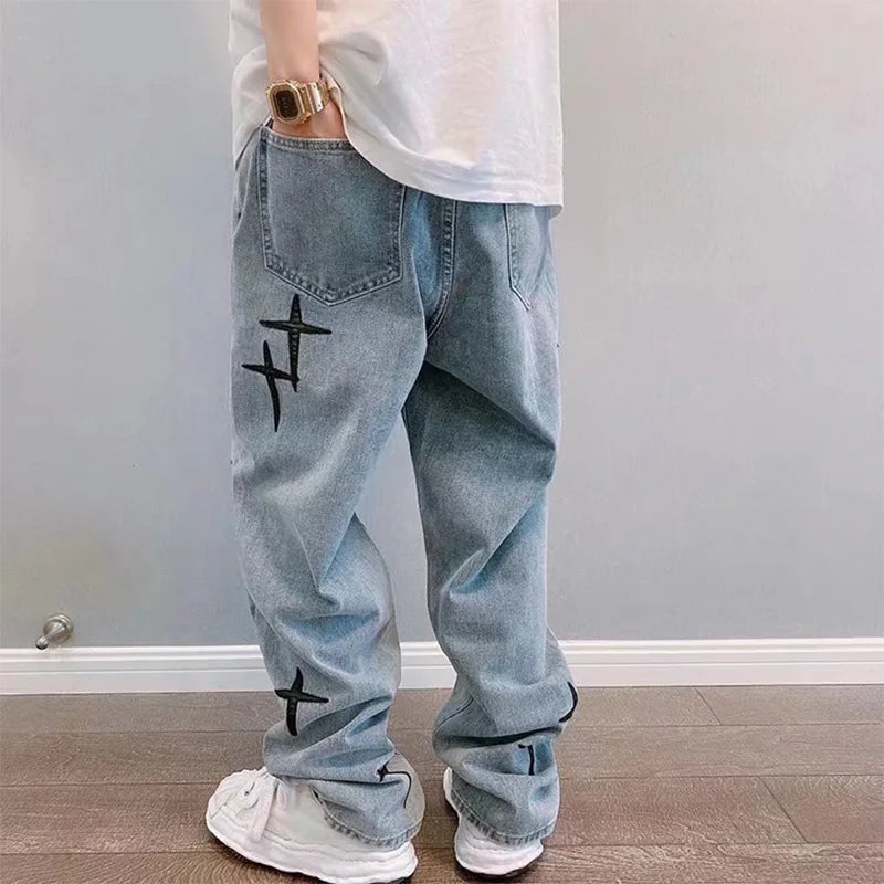 saferido Print Embroidery Jeans Men Vintage Casual Loose Wide Leg Baggy Man Trousers 2024 Spring Summer Fashion Hip Hop Male Cargo Pant