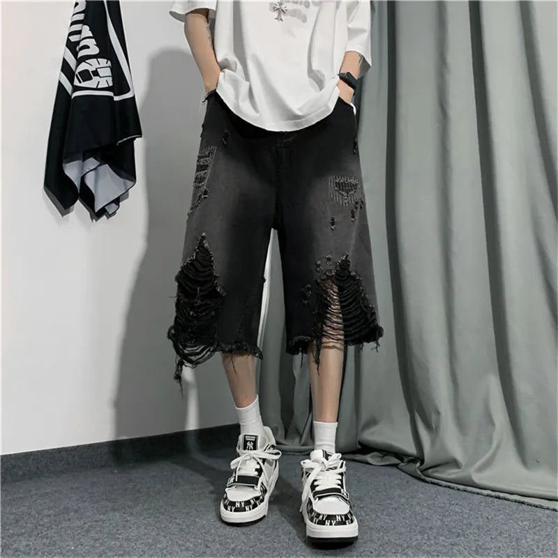 saferido New Style Ripped Denim Shorts Men's Clothing 2024 Summer Five-point Korean Casual Youth Straight Trousers Boutique Clothing