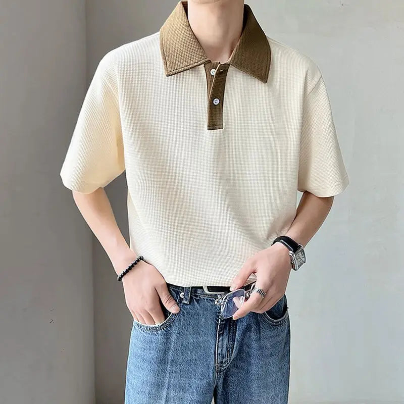 New High-end Korean Fashion Polo Shirts for Men Patchwork Waffle Lapel Buttons Short Sleeve T-shirt Men Summer Loose Polo Shirt