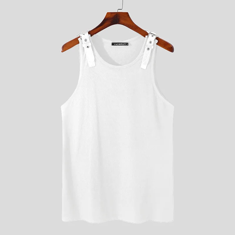 Men Tank Tops Solid Color PU Leather Button Sleeveless Streetwear O-neck Vests Summer Fashion Men Clothing S-5XL 7
