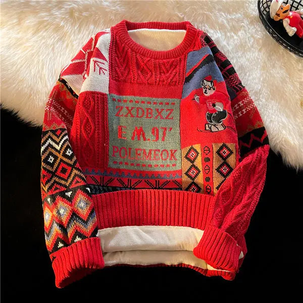 saferido Christmas Sweater Men's Winter Plush Thickened Warm Knit Shirt American Loose Fashion Couple costume Sweater