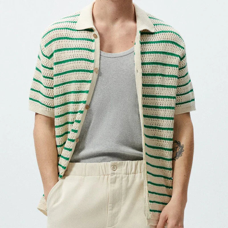 Summer Clothing Men's Light Luxury Knitted Polo Shirt Casual Vintage Button-down Striped Short Sleeve Fashion Leisure Knitwear