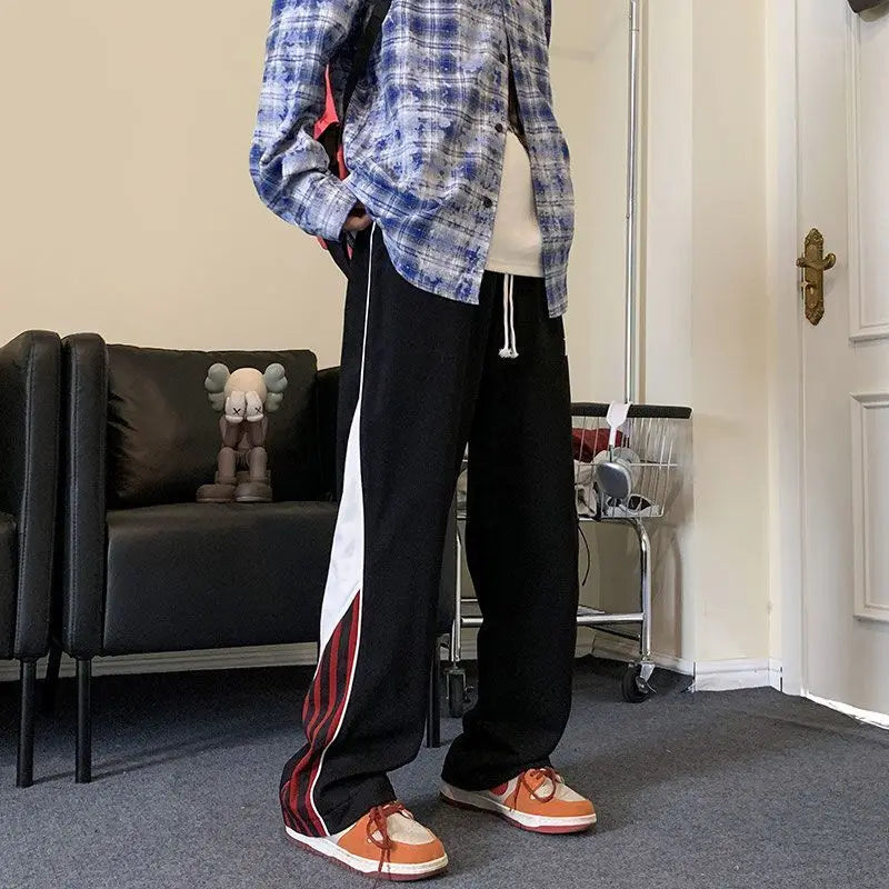 saferido American High Street Loose Straight Wide Leg Pants Men's Autumn Contrasting Stripes Drawstring Pockets Patchwork Sports Trousers