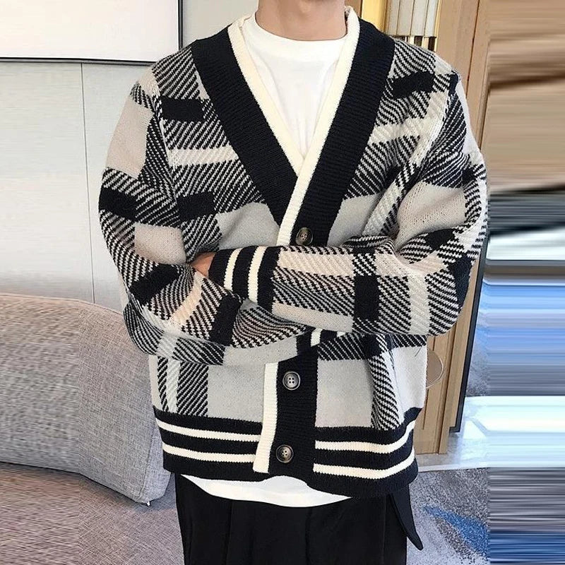 Autumn Men's Luxury Knitted Plaid Printed Buttons Cardigan Sweater Long Sleeve Streetwear Leisure Coat Fashion Check Knitwear