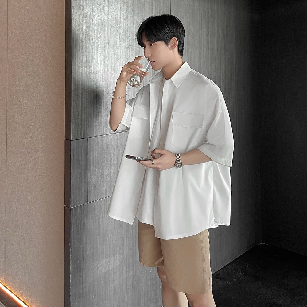 saferido Over Size Men's Short-Sleeve Shirt, Loose Casual Japanese and Korean Style Coat,Outdoor Camping Shirt