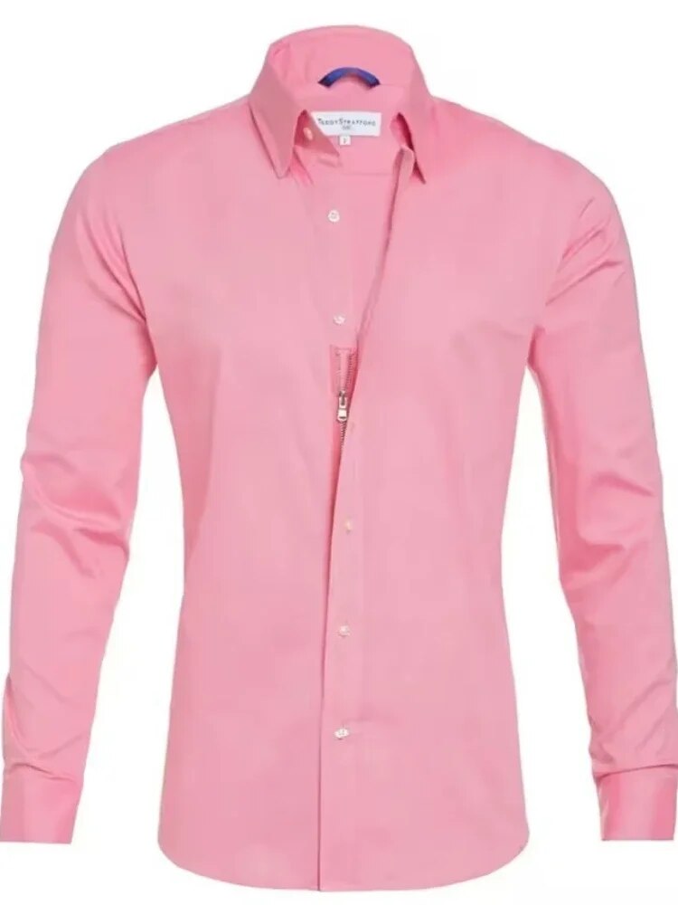 Men's Zipper Shirt Hidden Zipper Fake Button Spring and Fall Models New Oxford Stretch Cotton Zipper Shirt Shirts for Men