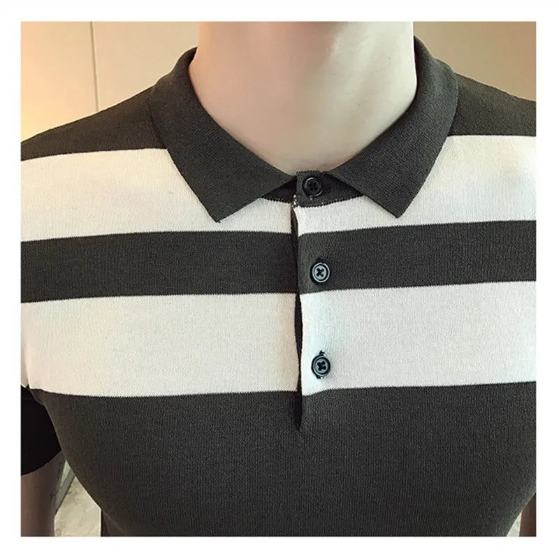 saferido Social Knitting Slim Polo British Style Stripes POLO Shirt Men Summer Short Sleeve Men's POLO Slim Fit Casual Polo Homme