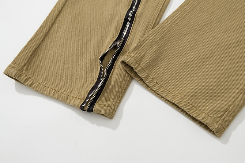 Cross Zipper Decorate Solid Black Mens Cargo Pants High Street Retro Straight Elastic Waist Casual Trousers Loose Overalls
