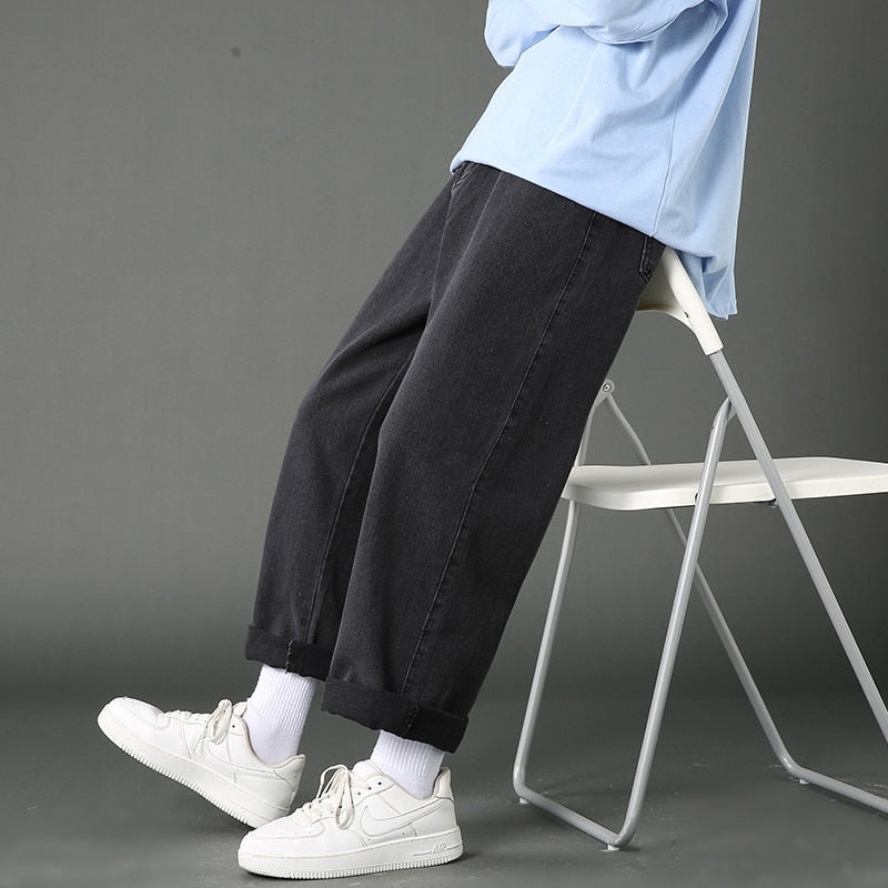 Street Casual Baggy Jeans Men's Korean Fashion Hip Hop Straight Wide Leg Trousers Couple Denim Pants Black Light Blue
