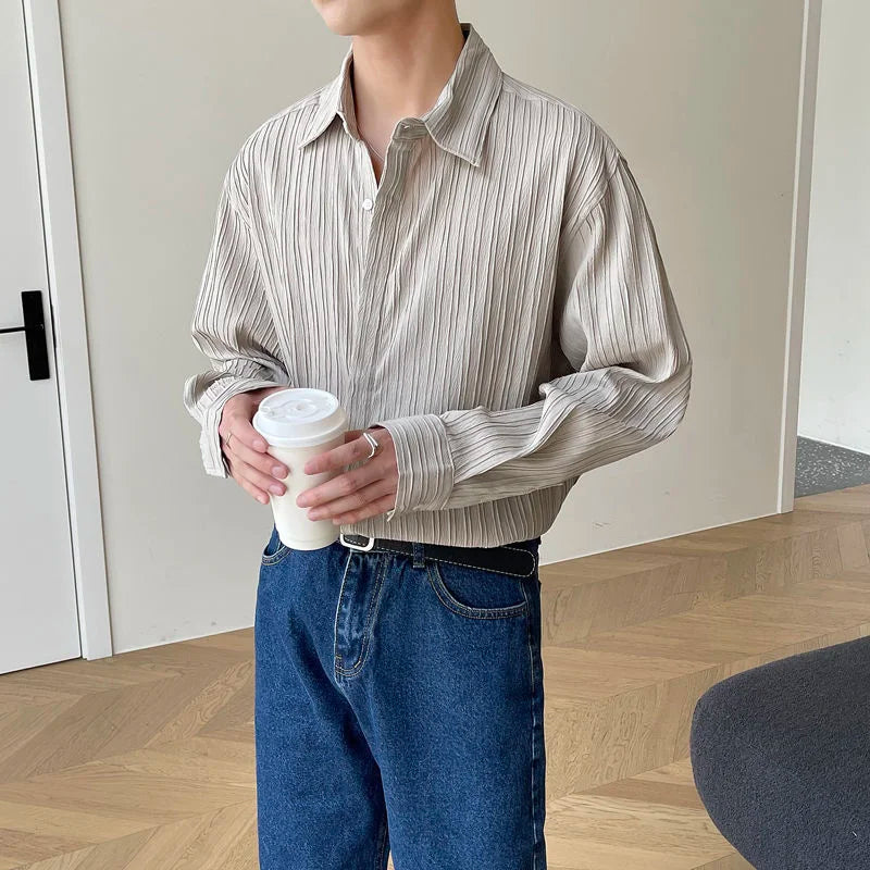 Autumn Long Sleeve Shirts Men Slim Fashion Social Mens Dress Shirts Korean Loose Casual Pleated Shirts Mens Formal Shirts M-2XL
