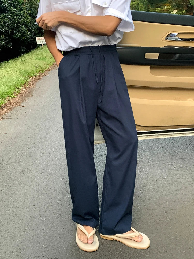 saferido 2024 Summer New Men's Casual Pants Korean Style Lazy Wind Solid Color Elastic Waist Trousers Lace-up Loose Straight
