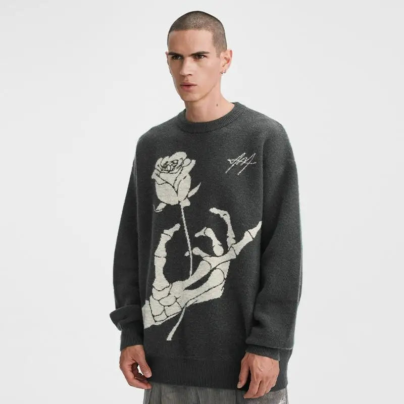 saferido Sweater Rose Skeleton Sweater Men's Autumn and Winter American Vintage Jacquard Loose and Lazy Couple Knitwear Men's and Women's