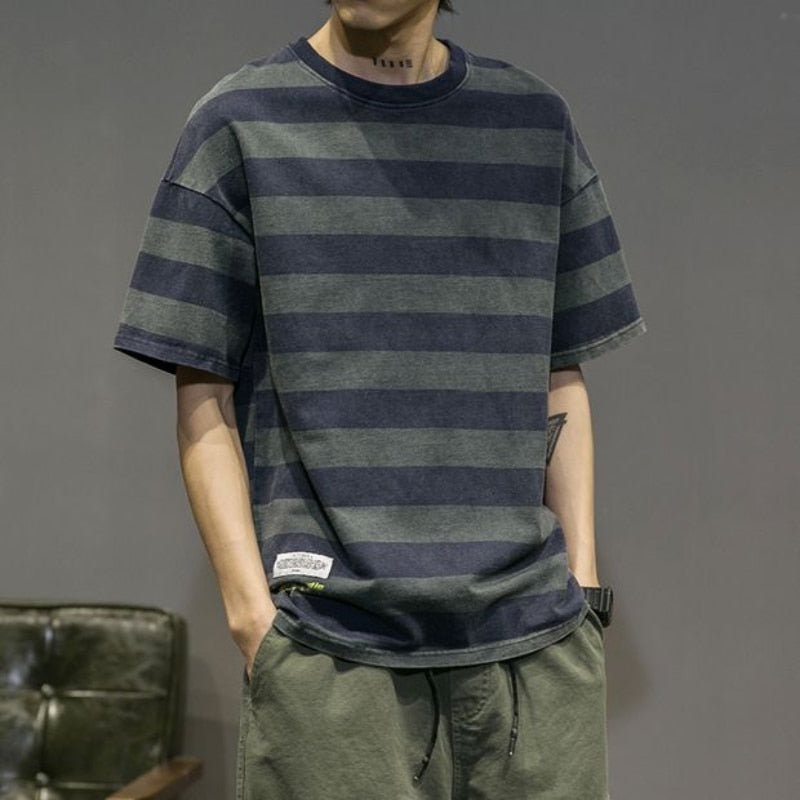 Men's Clothing Round Neck Short Sleeve Korean Version Youth Trend Striped Printed Fashion Casual Cotton Loose T-shirt