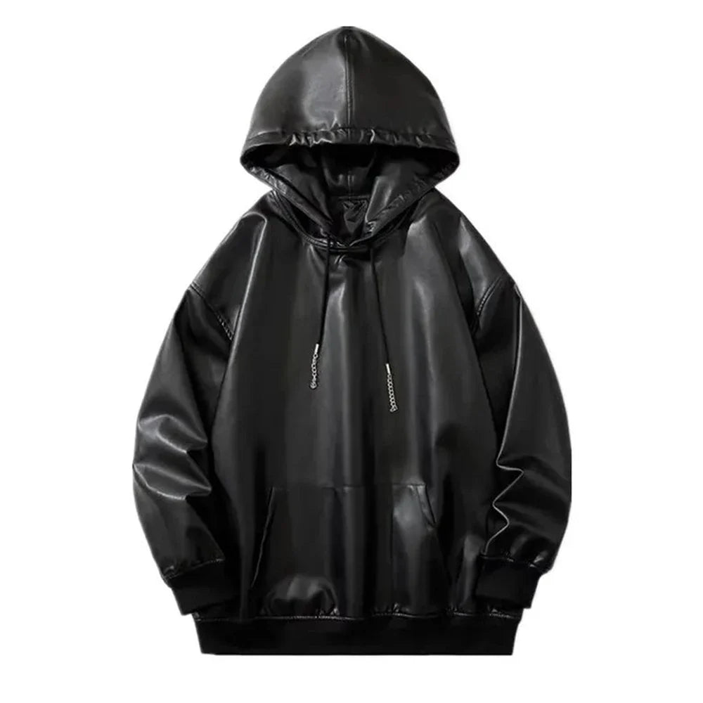 saferido Mens American Biker Y2k Pu Leather Hoodie Genderless Essential Loose Solid Color Trendy Street Hip-Hop Sweatshirt Unisex