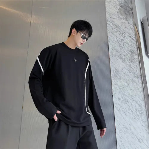 saferido harajuku Spring Autumn Men Clothing Long Sleeve Embroidery Shoulder Pad T-shirt Round Collar Casual T Shirts Tops For Male
