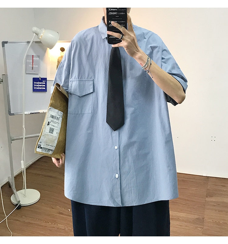 saferido Summer New Fashion Loose Solid Shirts Men's Casual Short Sleeve Shirts Turn-down Collar Clothing Blouses Tops Q02