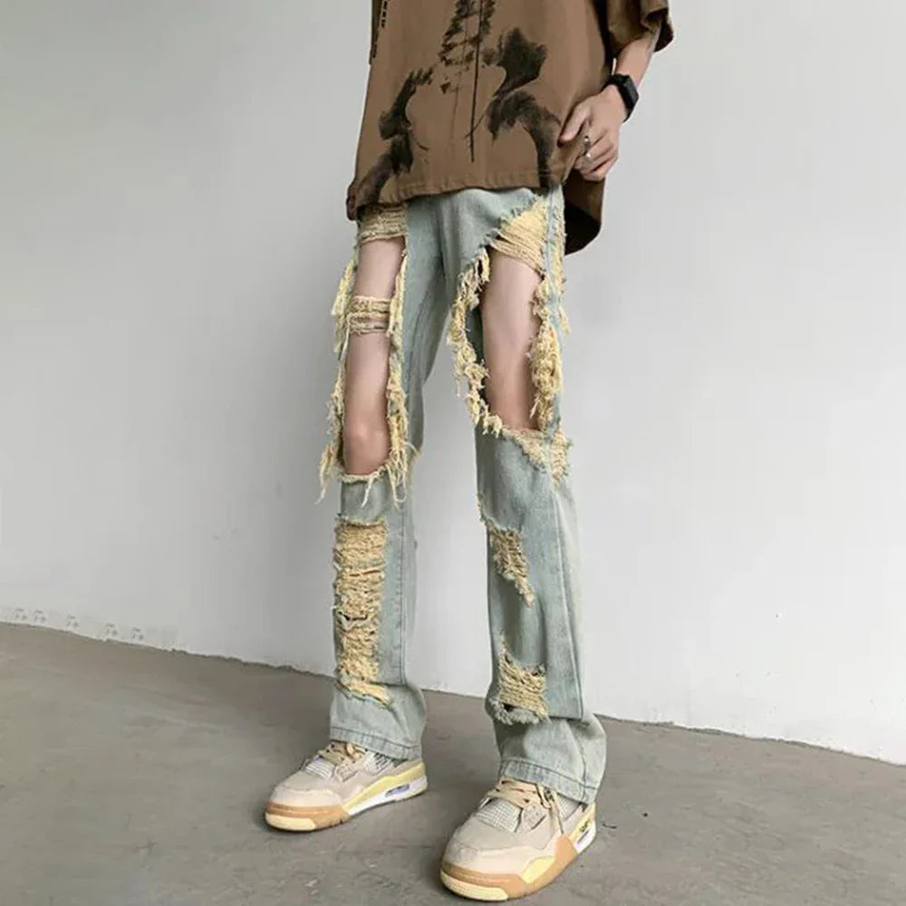 saferido Y2K Unisex Perforated Jeans Mens Summer Korean 2024 Slim Design Straight Wide Leg Denim Pants LGBT Man Sexy Ripped Fringed Jeans