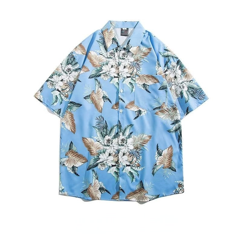 Couple Japanese Shirt Harajuku Oversized Short Sleeve Shirt for Men Women Hawaiian Print Flower Shirt Geometric Streetwear