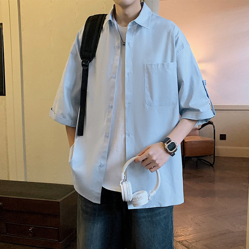 Spring/Summer Men's Shirt Japanese Solid Color Shirt Short Sleeve Men's Summer Half Sleeve Top Coat Trendy Hong Kong Style Shirt