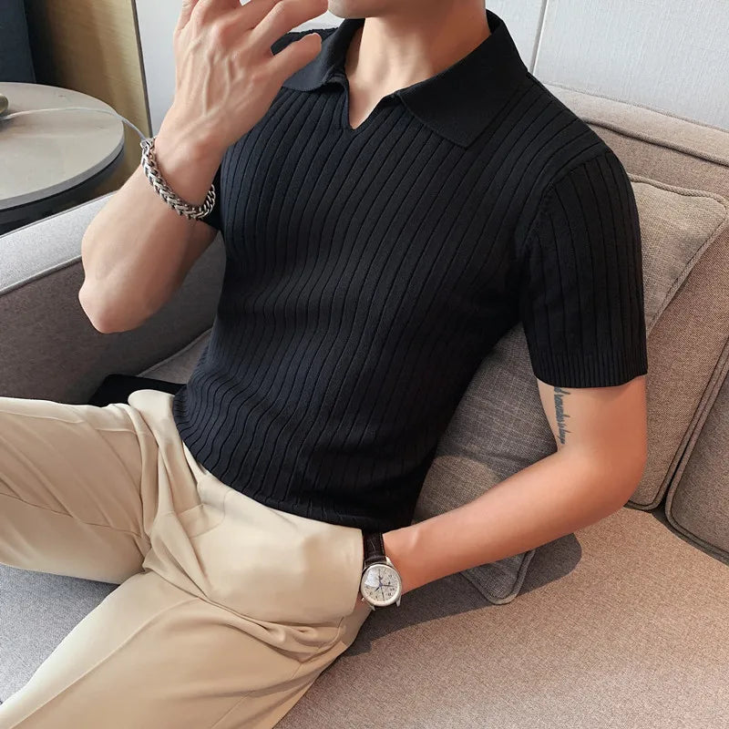 saferido British Style Men's Summer Casual Short Sleeves Polo Shirts/Male Slim Fit High Quality Stripe Knitted V-neck Polo Shirts