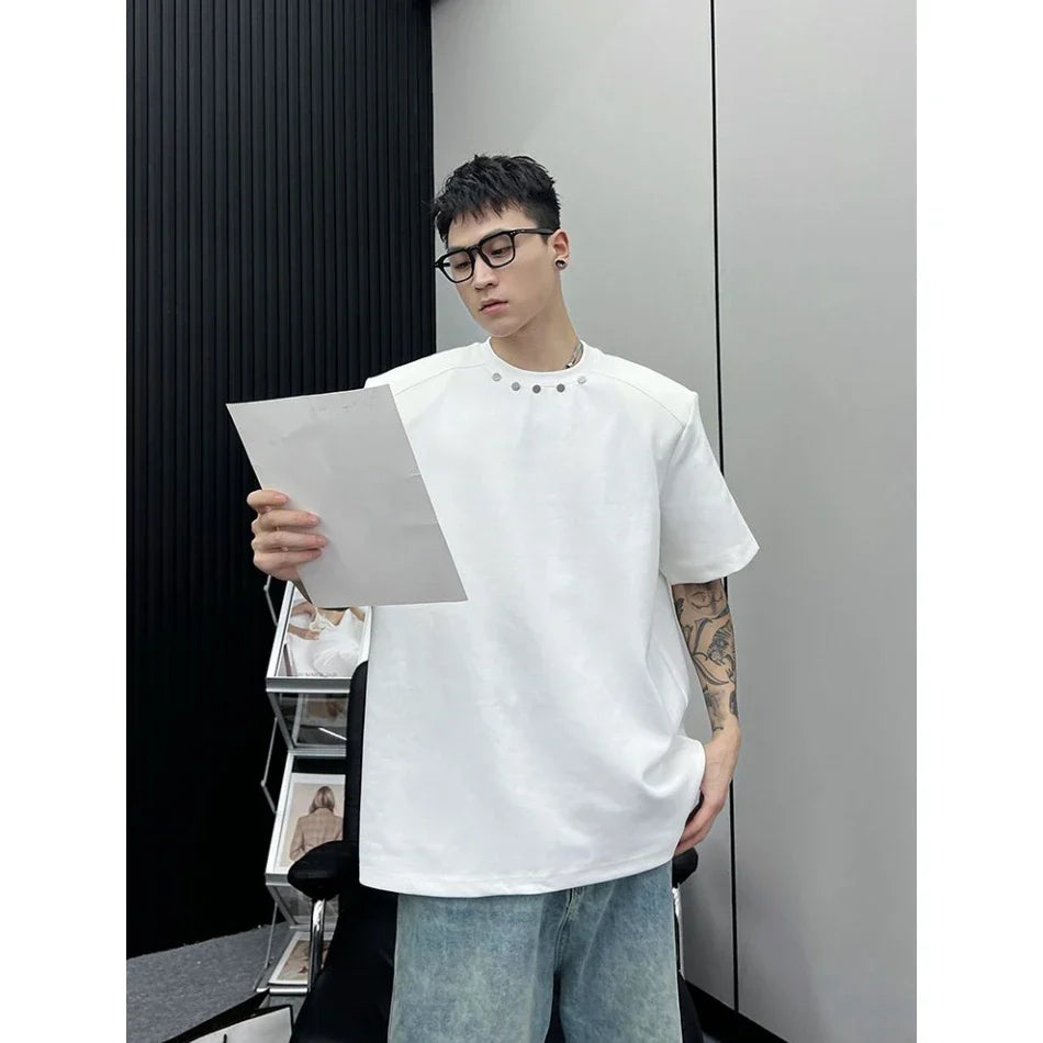 Heavy High-end Niche Short Sleeve T Shirts for Men Summer Loose Ins Design Solid Color Rivet Round Neck T-shirt Streetwear