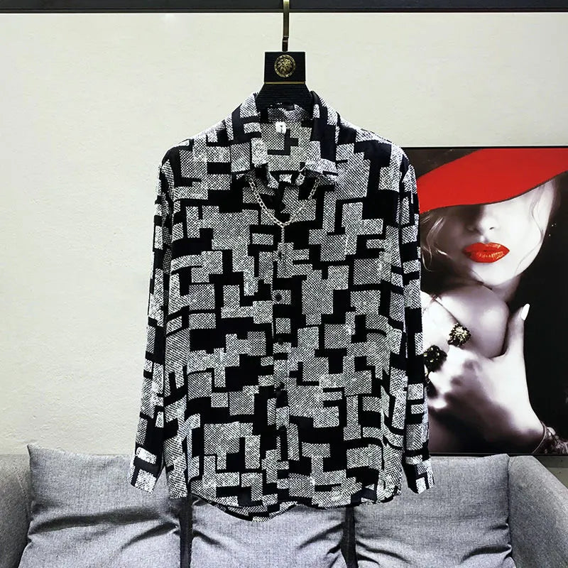 Men Spring Summer New Fashion Long Sleeve Casual Shirts Male Loose Print Blouses Men Button Up Ice Silk Thin Shirts
