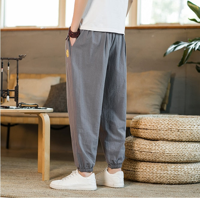 Summer Casual Chinese Style Cotton Linen Ninth Pants Men Fashion Embroidery Loose Harem Pants Men's Street Jogging Pants