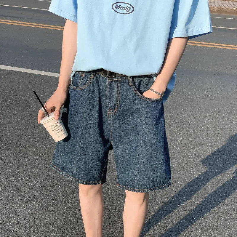 saferido Summer Denim Shorts Men Fashion Retro Blue Denim Shorts Men Streetwear Korean Loose Straight Jeans Shorts Mens Five Part Pants