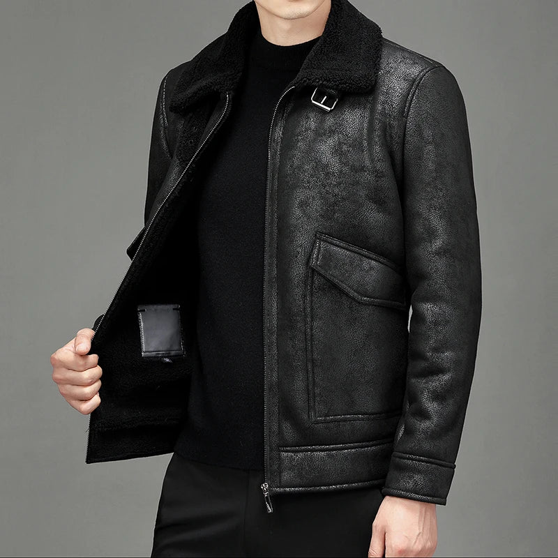 Jacket Plus Velvet Lapel Thick Warm Fashion Autumn Winter Men's Suede Boutique Imitation Leather Top Large Size PU Coats