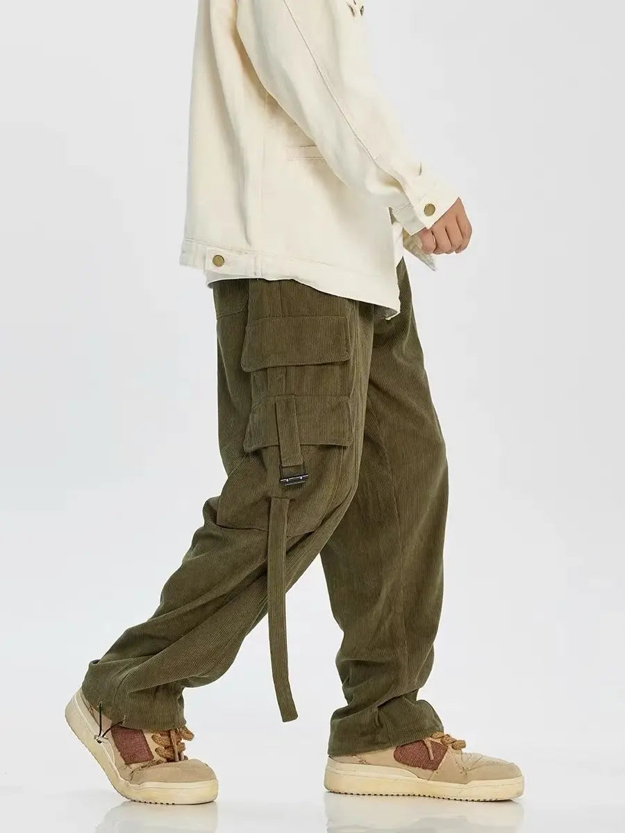 saferido Corduroy Cargo Pants Men Oversize Wide Leg Cargo Trousers Male Streetwear Hip Hop Harajuku Green Loose Japanese Vintage