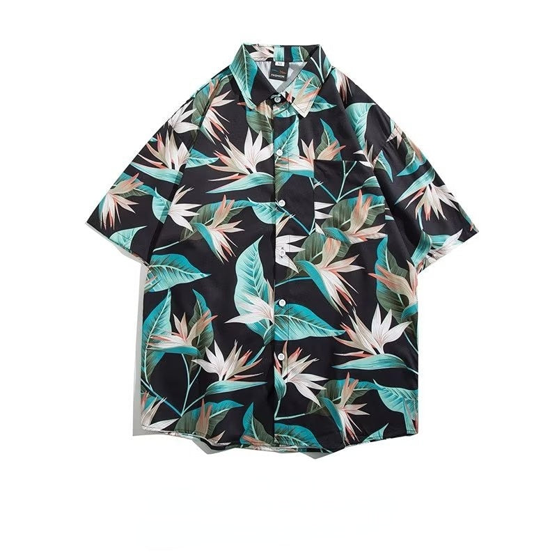 Couple Japanese Shirt Harajuku Oversized Short Sleeve Shirt for Men Women Hawaiian Print Flower Shirt Geometric Streetwear