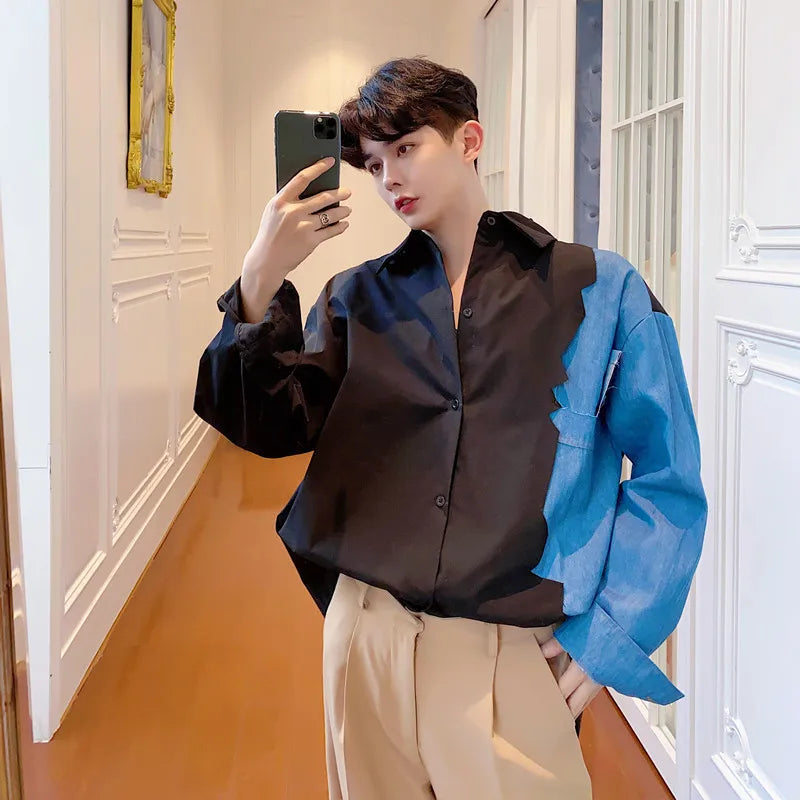 saferido Spring Autumn Korean retro denim stitching shirt men's Korean loose casual design Fashion Show Punk Rock Style Dress Shirts