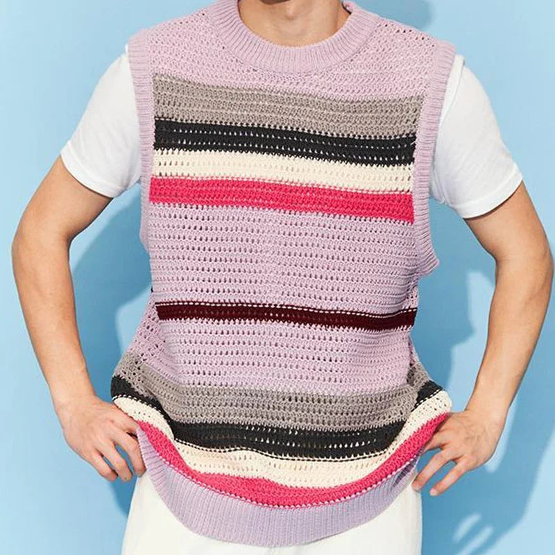 Men's Clothing Loose Pullovers Round Neck Simplicity Handsome Hollow Out Solid Color Patchwork Fashionable Casual Sweater