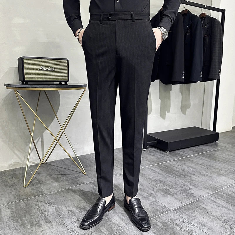 saferido Korean style Fashion Striped Suit Pants for Men Formal Business Dress Pants Korean Slim Fit Classic Casual Trousers 36 38