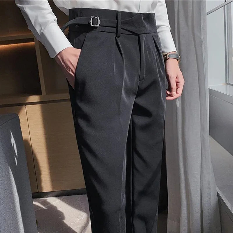 saferido Men Spring Stylecasual Nine Cent Trousers/Male Slim Fit High-grade Pure Cotton Stripe Suit Pants Black Gray