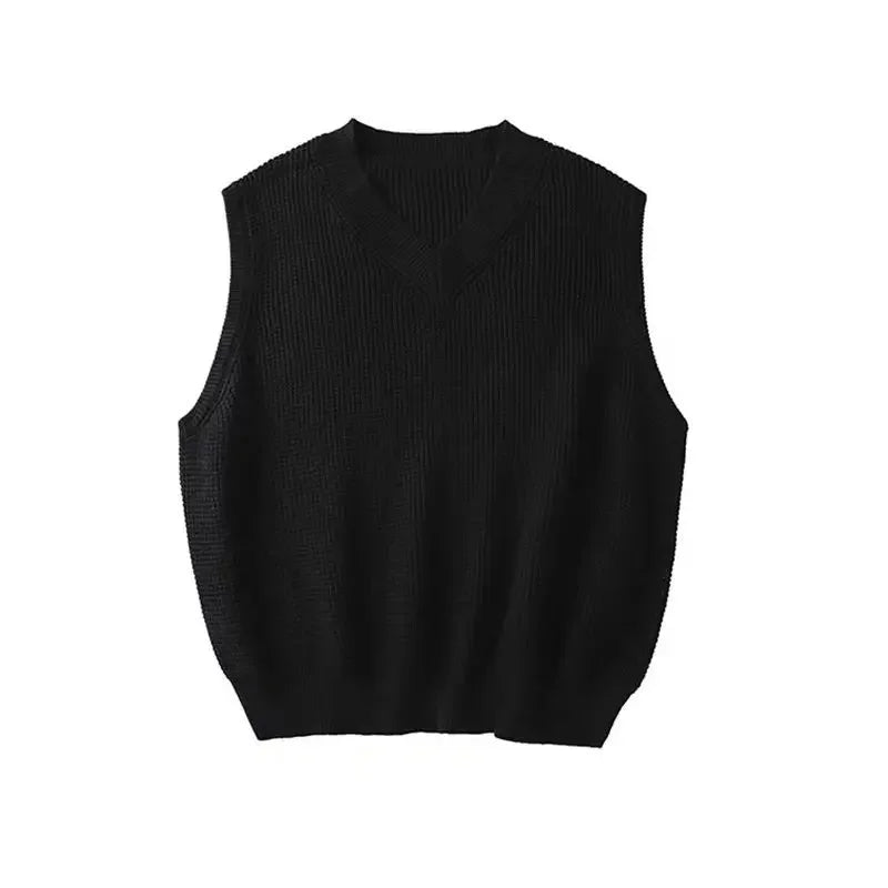 saferido Men's Clothing Blue Plain Sleeveless Vest Knit Sweater Male Waistcoat V Neck Solid Color Warm Classic Japanese Retro Wool