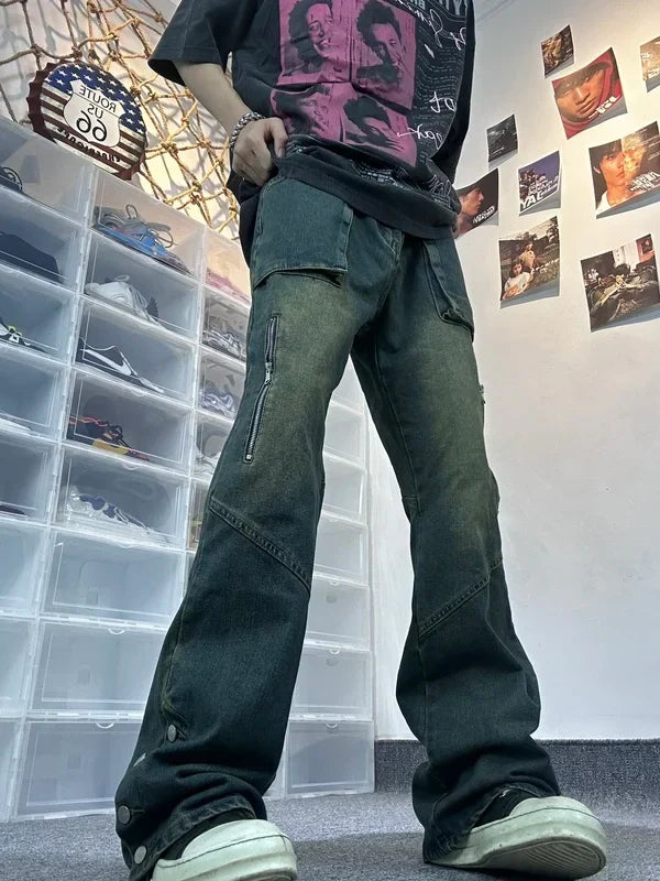 saferido National Kobayashi American Street Jeans Men's High Street Vibe Style Straight Tube Pants Slim Micro Flare Pants streetwear