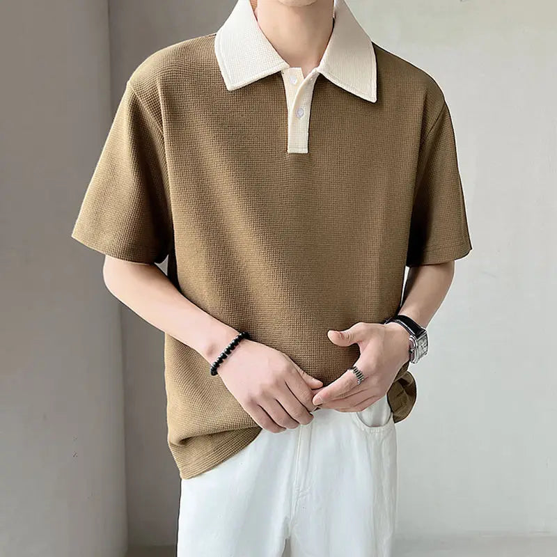 New High-end Korean Fashion Polo Shirts for Men Patchwork Waffle Lapel Buttons Short Sleeve T-shirt Men Summer Loose Polo Shirt