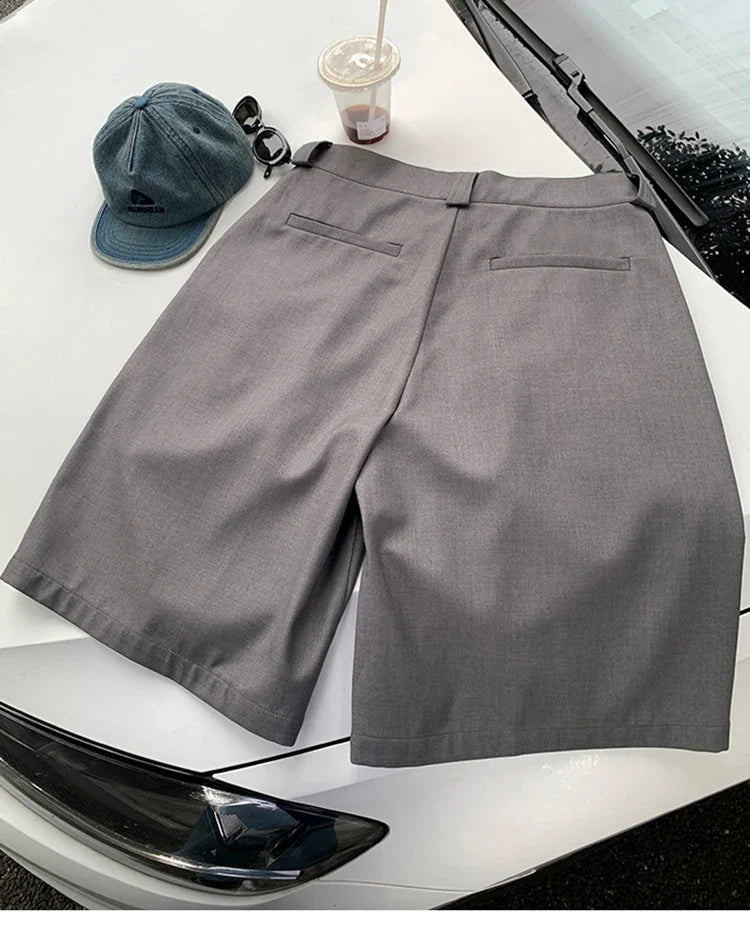 saferido Spring Summer Loose Casual Soft Grey Pleated Shorts for Men with High Waist Short Straight Pants Korean Clothes
