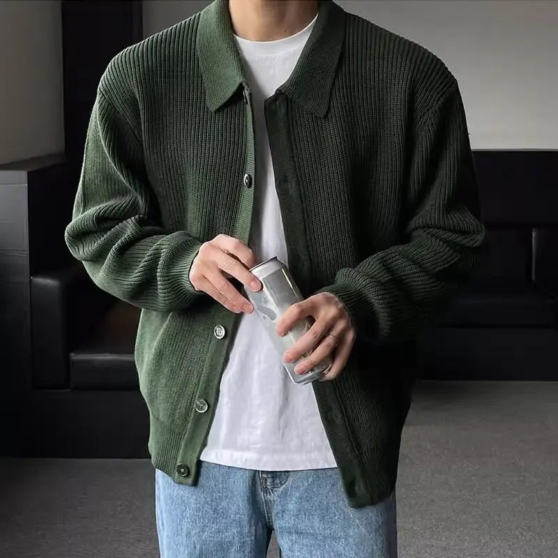saferido Korean Style Fashion Solid Color Lapel Men's Knitted Cardigan Single Breasted High-end Long Sleeve Cardigan Men Sweater Coat