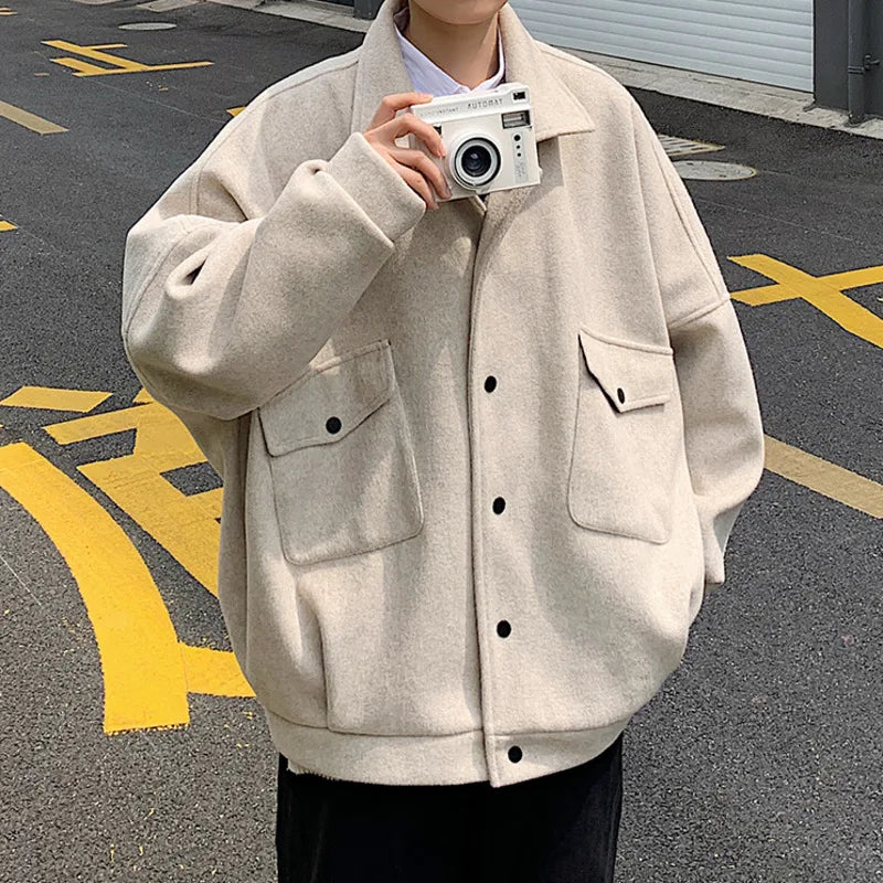 saferido Winter Thickened Short Woolen Coat Men Warm Fashion Oversized Woolen Coat Men Korean Loose Woolen Jacket Mens Overcoat M-3XL
