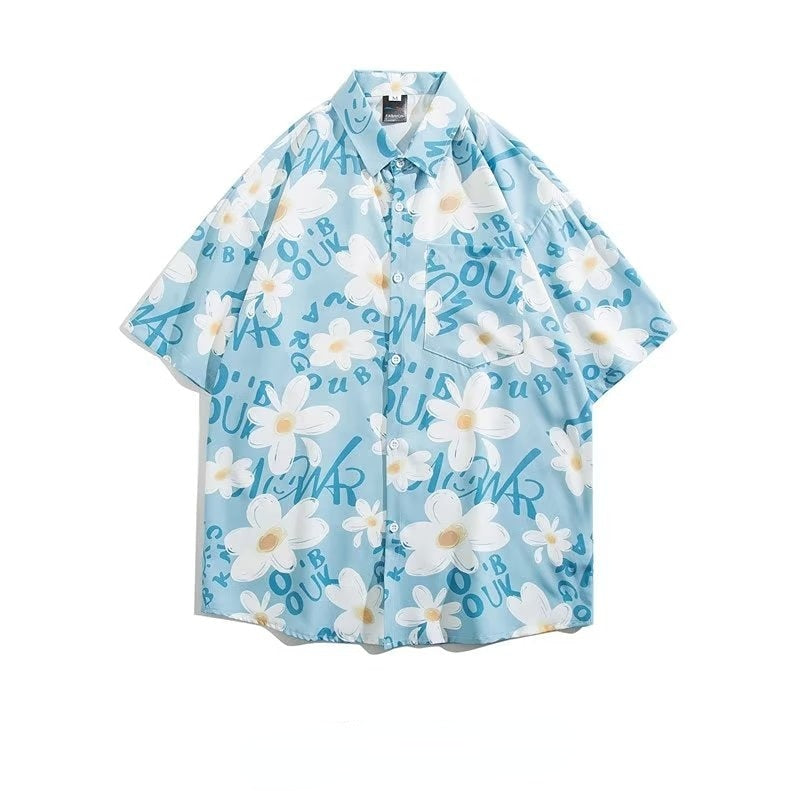 Couple Japanese Shirt Harajuku Oversized Short Sleeve Shirt for Men Women Hawaiian Print Flower Shirt Geometric Streetwear