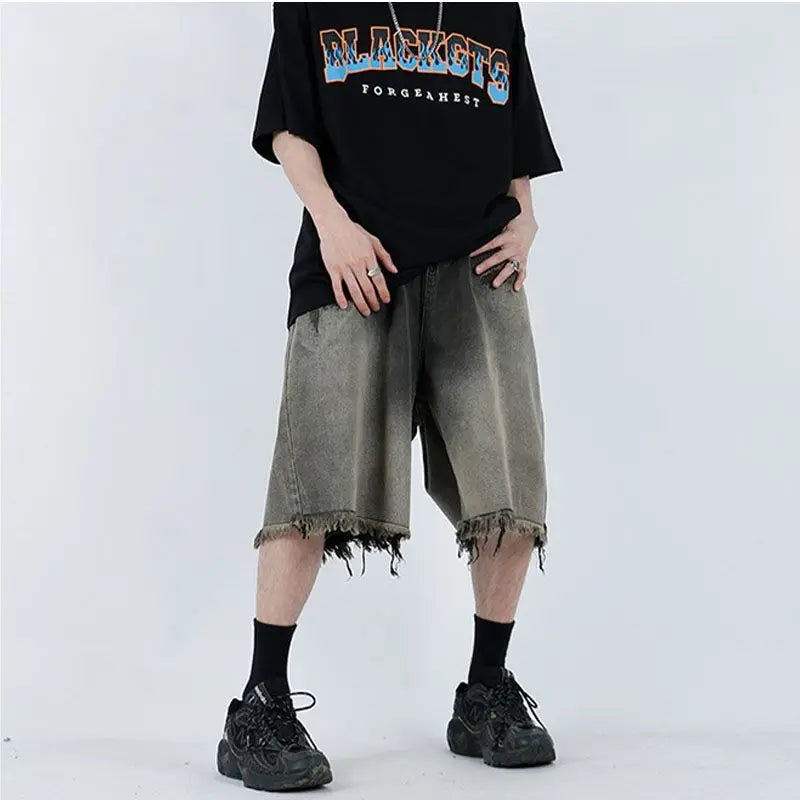 saferido Hip Hop American Vintage Washed Old Gradient Denim Shorts Men's Summer High Street Fashion Casual Loose Capris