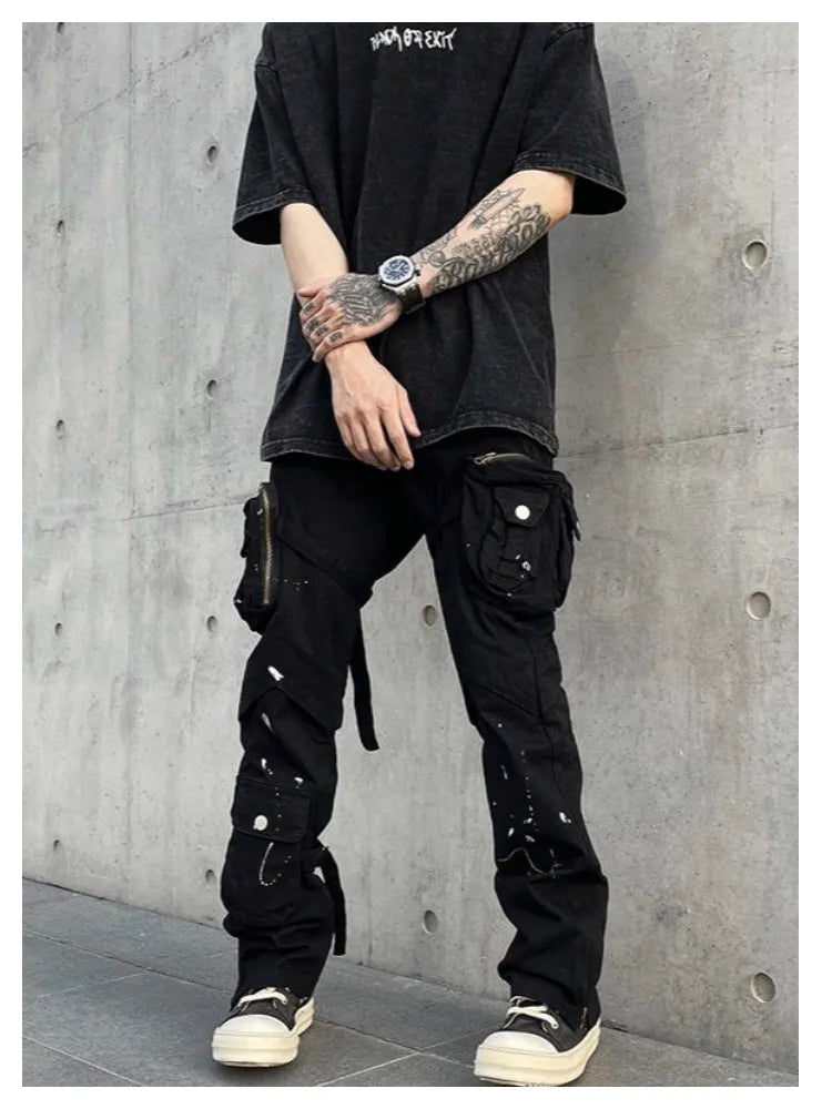 saferido Street Strap Speckled Ink Pocket Stereoscopic Cut Micro Horn Workwear Pants Hip Hop High Street Punk y2k streetwear Stacked Casual Pants